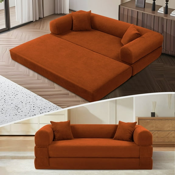 VFD 3-Seat Convertible Sleeper Sofa Bed with 2 Pillows, Teddy Sofa Corduroy Folding Mattress Couch, No Assembly Required Floor Sofa Lounge Boneless Couch for Living Room Bedroom, Orange