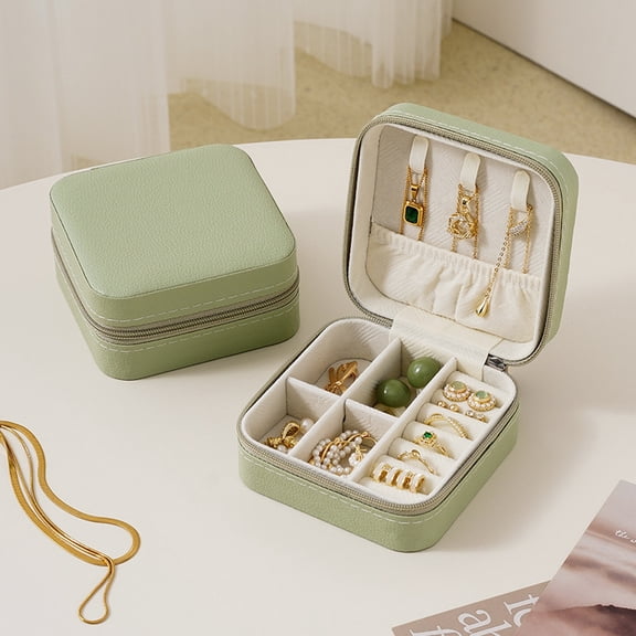 Travel Jewelry Case, Portable Jewelry Organizer, Small Jewelry Box for Earrings, Ring Jewelry Box, Green Pu Leather 4X4X2 Inch Mini Compact Storage Case for Studs, Necklaces,