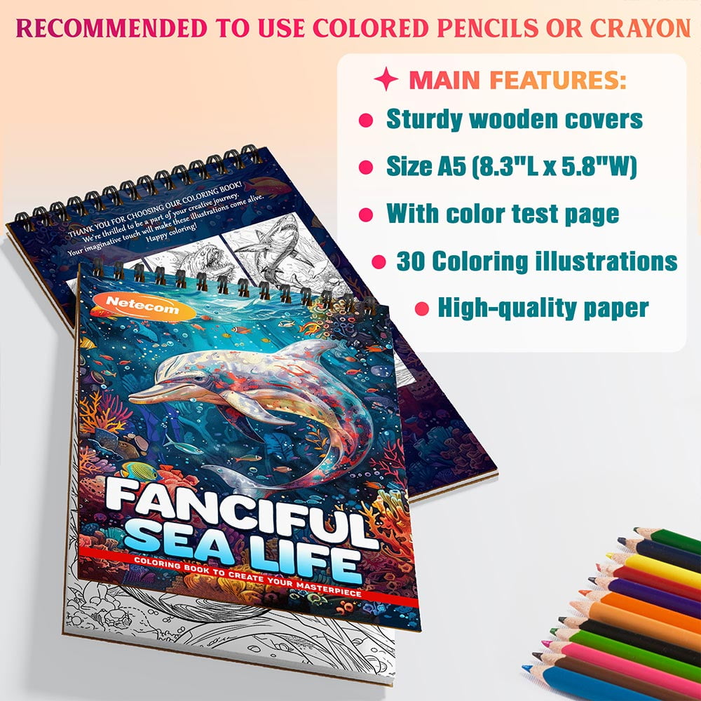 Netecom Fanciful Sea Life Coloring Book Spiral Bound For Adults, A5 Wooden Cover, 30 Beautiful Coloring Pages of Whimsical Aquatic Scenes for Stress Relief and Relaxation