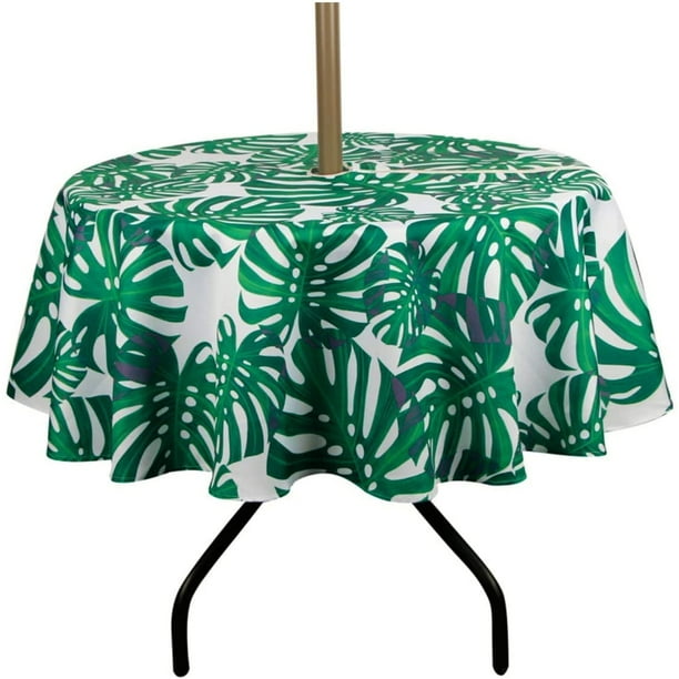 Suq I Ome 60 Round Outdoor Tablecloth With Parasol Hole Umbrella And Zipper Host Backyard Parties Bbqs Family Gatherings Leaf Green Com Suq I Ome 60 Round Outdoor Tablecloth, Round Patio Tablecloth With Parasol Hole
