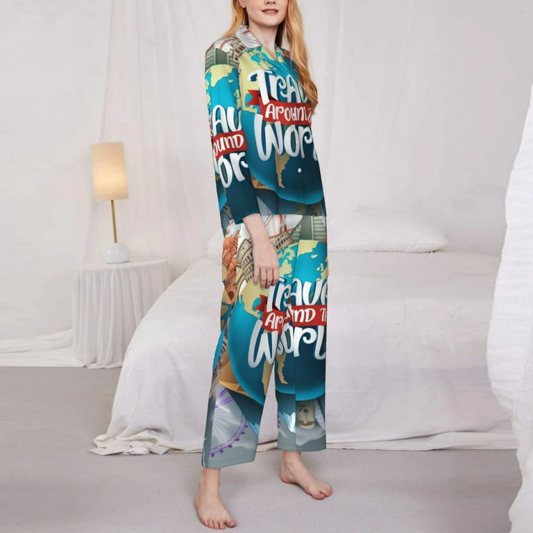 Zufioo Travel Around The World Women's Pajamas Set Long Sleeve
