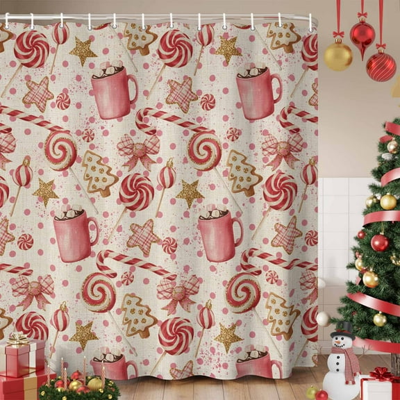 Pink Christmas Candy Shower Curtain, Winter Xmas Tree Cane Retro Beige Waterproof Fabric Shower Curtains with 12 Hooks, Bathroom Curtain Set for Bathroom Accessories Decor, 36 x 72 Inches