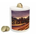 thumbnail image 2 of City Piggy Bank, Brooklyn Bridge at Night Car Traffic in New York United States Transport, Ceramic Coin Bank Money Box for Cash Saving, 3.6" X 3.2", Lilac Dark Orange Yellow, by Ambesonne, 2 of 4