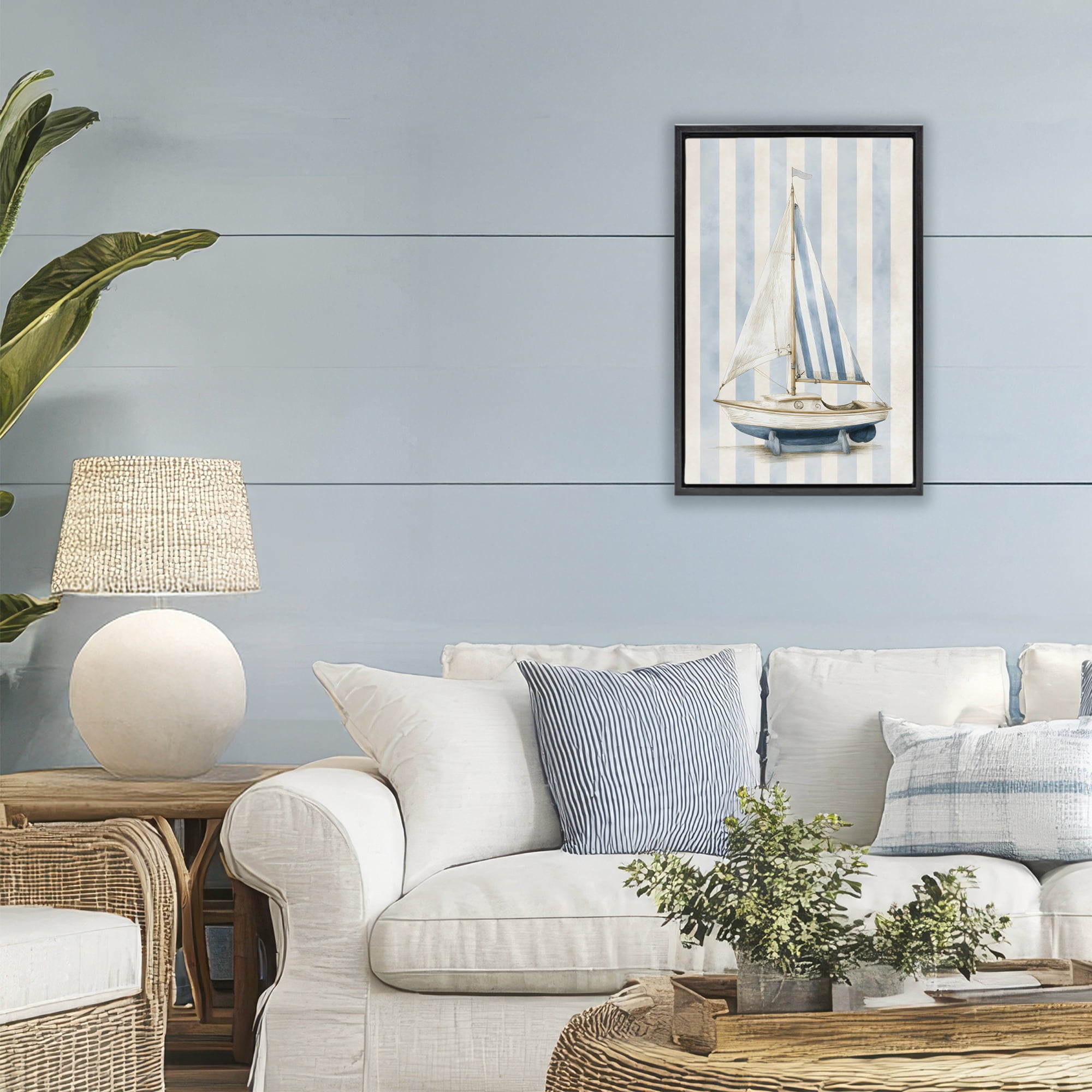 Stupell Industries Seaside Stripes Sailboat Black Framed Floater Canvas Wall Art, design by Petal Prints Design