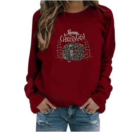 

jsaierl Christmas Sweatshirts for Women Long Sleeve Christmas Tree Leopard Pattern Top Funny Crewneck Sweatshirt Graphic Pullover Christmas Gifts for Teen Girls