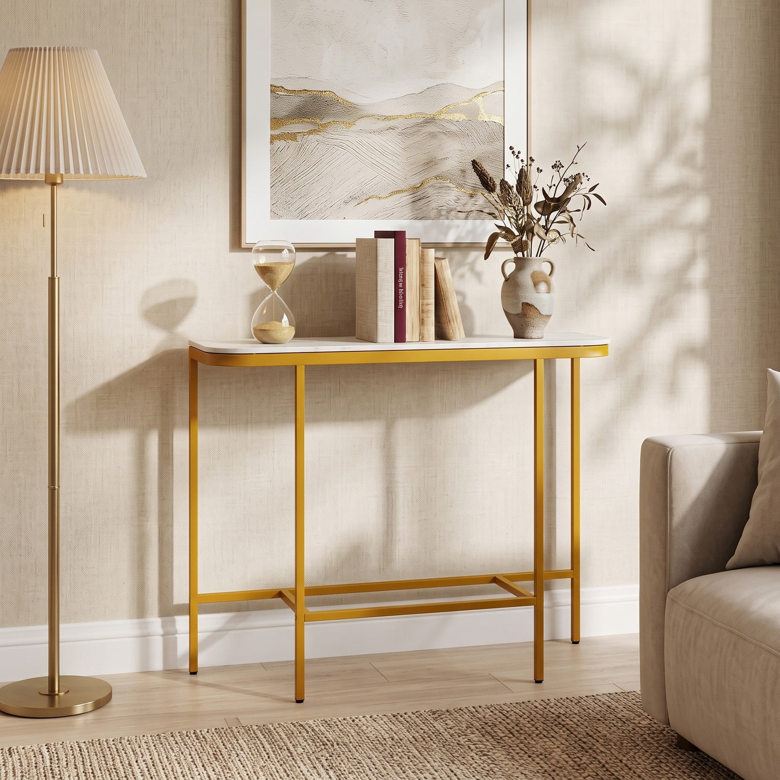 Furnibear 44 Inch Console Table with Faux Marble Tabletop and Heavy-Duty Metal Frame for Entryway and Living Room, White and Gold