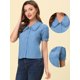 thumbnail image 2 of Allegra K Blusa De Cambray De Manga Corta Con Cuello Peter Pan Para Mujer Azul claro S, 2 of 4