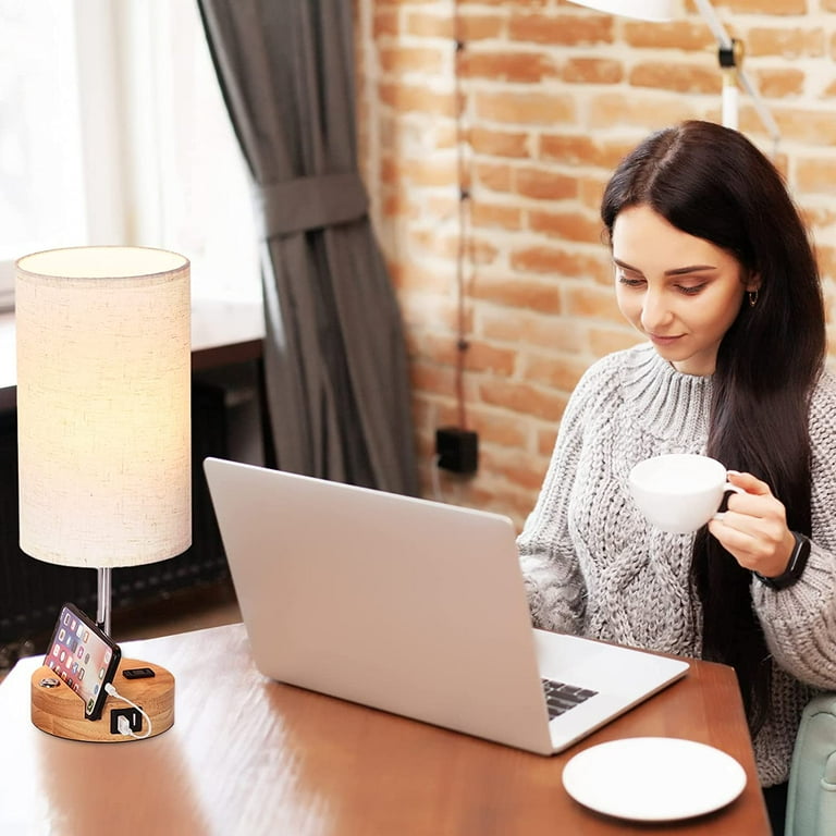 Small Table Lamp, Wooden Tripod Nightstand Lamp With Linen