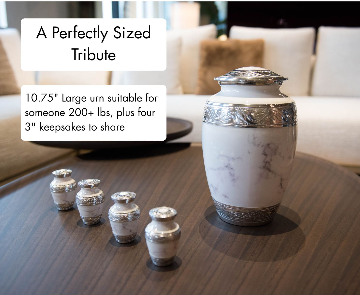 GR8 Keepsakes White Marble Cremation Urn Set with 4 Keepsake Urns for Human Ashes, Adult Size
