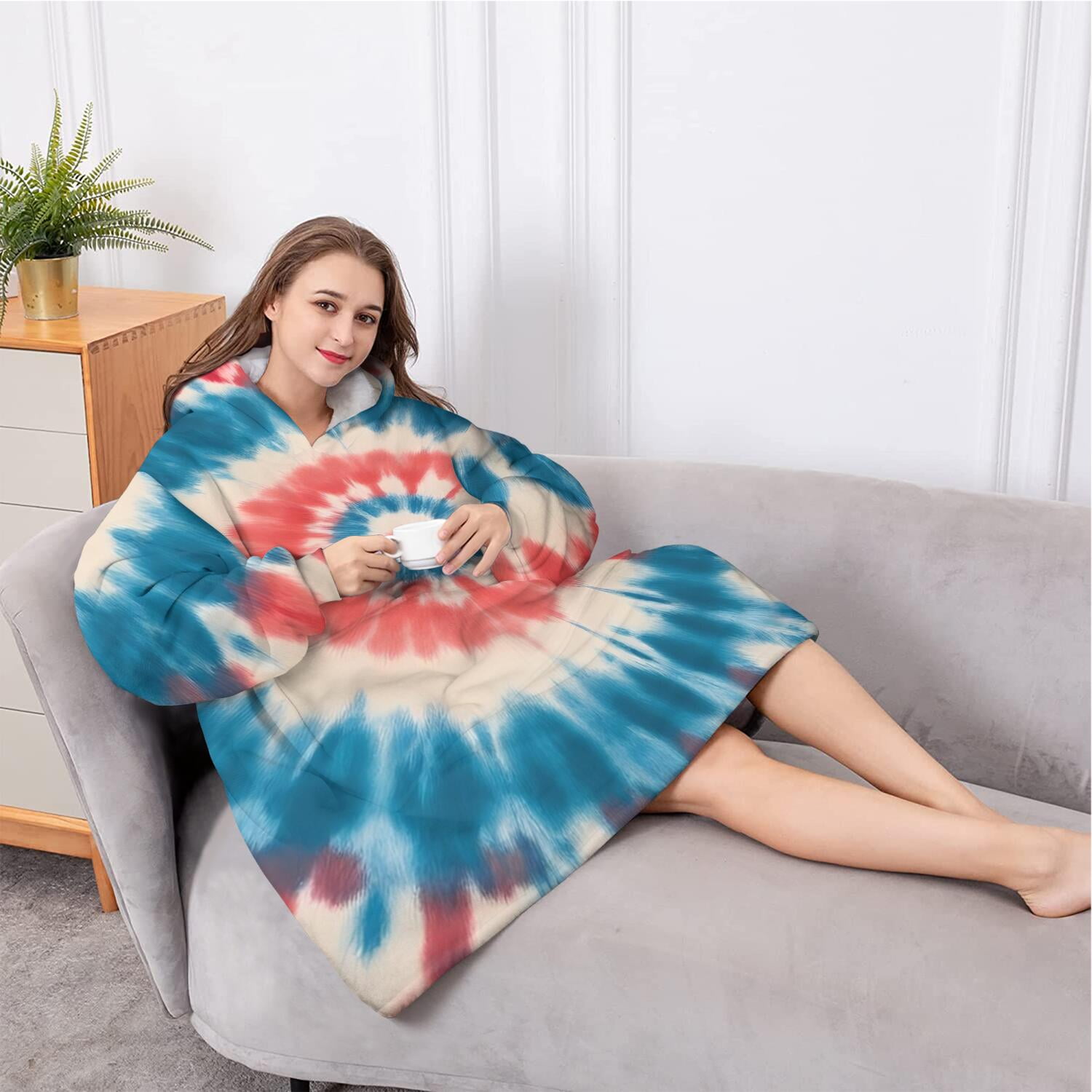 Oversized Wearable Blanket Hoodie,Red Blue Tie Dye Flower Sherpa Blanket Hoodie with Super Pockets,Super Warm Fuzzy Pullover for Women & Men