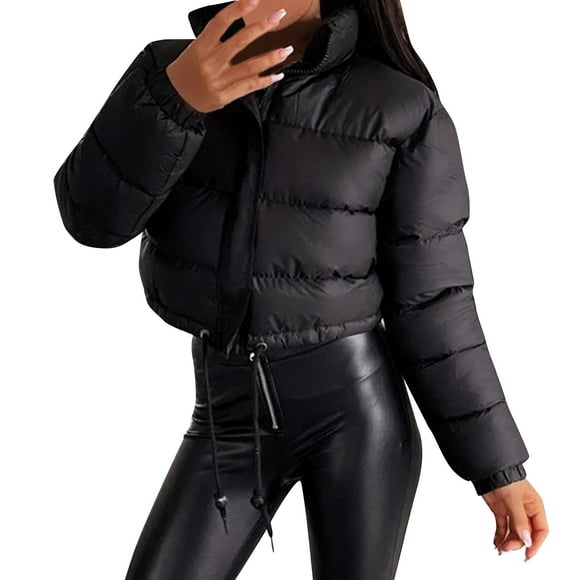 TJAZFJPA Black Cropped Jacket Women Autumn and Winter Long Sleeved Zipper Drawstring Waist Stand up Collar Solid Color Bread Coat Cotton Coat Corduroy Jacket Women Moto Jacket Women
