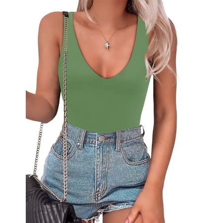 Women s Bodysuit Sexy Plunge Deep V Neck Backless Sleeveless Tank Thong Body Suits Outfits for Going Out White L C