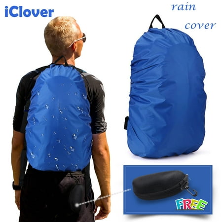 Rain Cover 30L-40L Waterproof Backpack Bag Cover IClover Adjustable Elastic Rucksack Waterproof  Cover (Blue) +Eyeglass Sunglasses Cases Durable Protective Holder with Zipper for Free