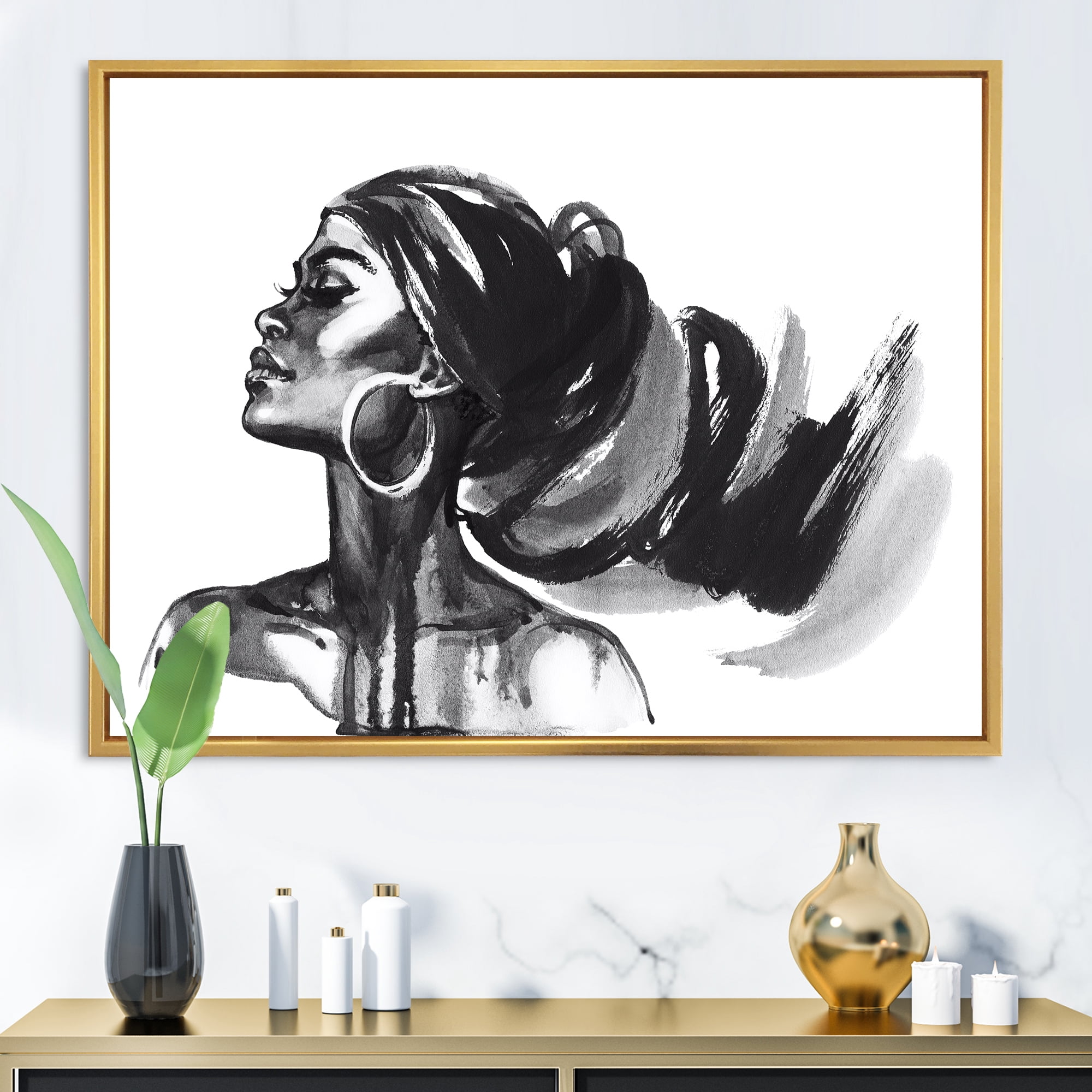 Designart 'Black and White Portrait of African American Woman IV' Modern Framed Canvas Wall Art Print