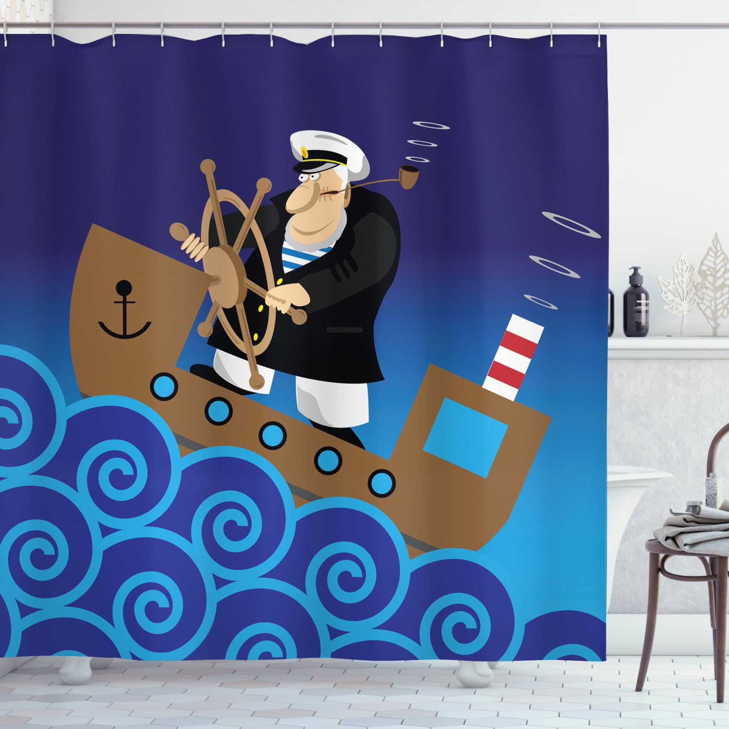 Tenda Doccia Ambesonne Nautical 70 Pollici – Motivi Marittimi Con Ancora E Nodi Da Marinaio, Tessuto Con Ganci, Vermiglio/Blu/Ivory
