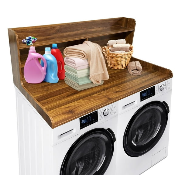 BouPower 2-Tier 19.68" Tall Washer Dryer Countertop, Wood Laundry Countertop with 2.75" H Edge Rails, Waterproof Washer Dryer Cover with Anti-Slip Pads for Laundry Room Organization and Storage