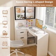 Corner L-Shaped Computer Desk With Glass Cabinets & Built-in LED Lights, USB Charging Ports & Keyboard Tray, Wooden Desk With Hutch And Drawers For Home&office.