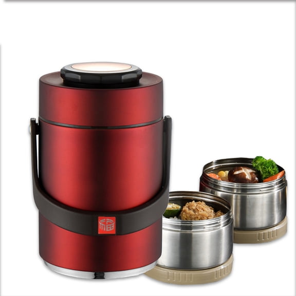 2-Tier Stackable Insulated Food Jar 1.5L Bento Lunch Box Stainless Steel Food Container for School Office Picnic（Red）