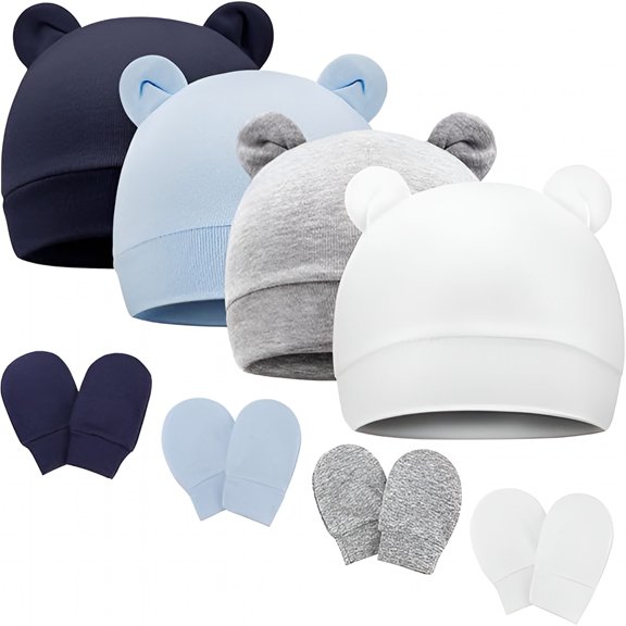 TELOLY Newborn Baby Bear Ears Hats and Mittens Sets Preemie Cotton Caps Baby Boy Girl Infant Hospital Beanie