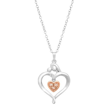 Duet Mother & Child Pendant Necklace with Diamond in Sterling Silver & 14kt Rose Gold
