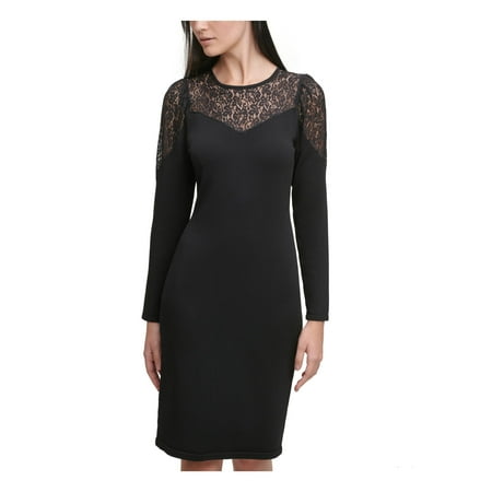 CALVIN KLEIN Womens Black Lace Sweater Long Sleeve Crew Neck Above The Knee Evening Sheath Dress S