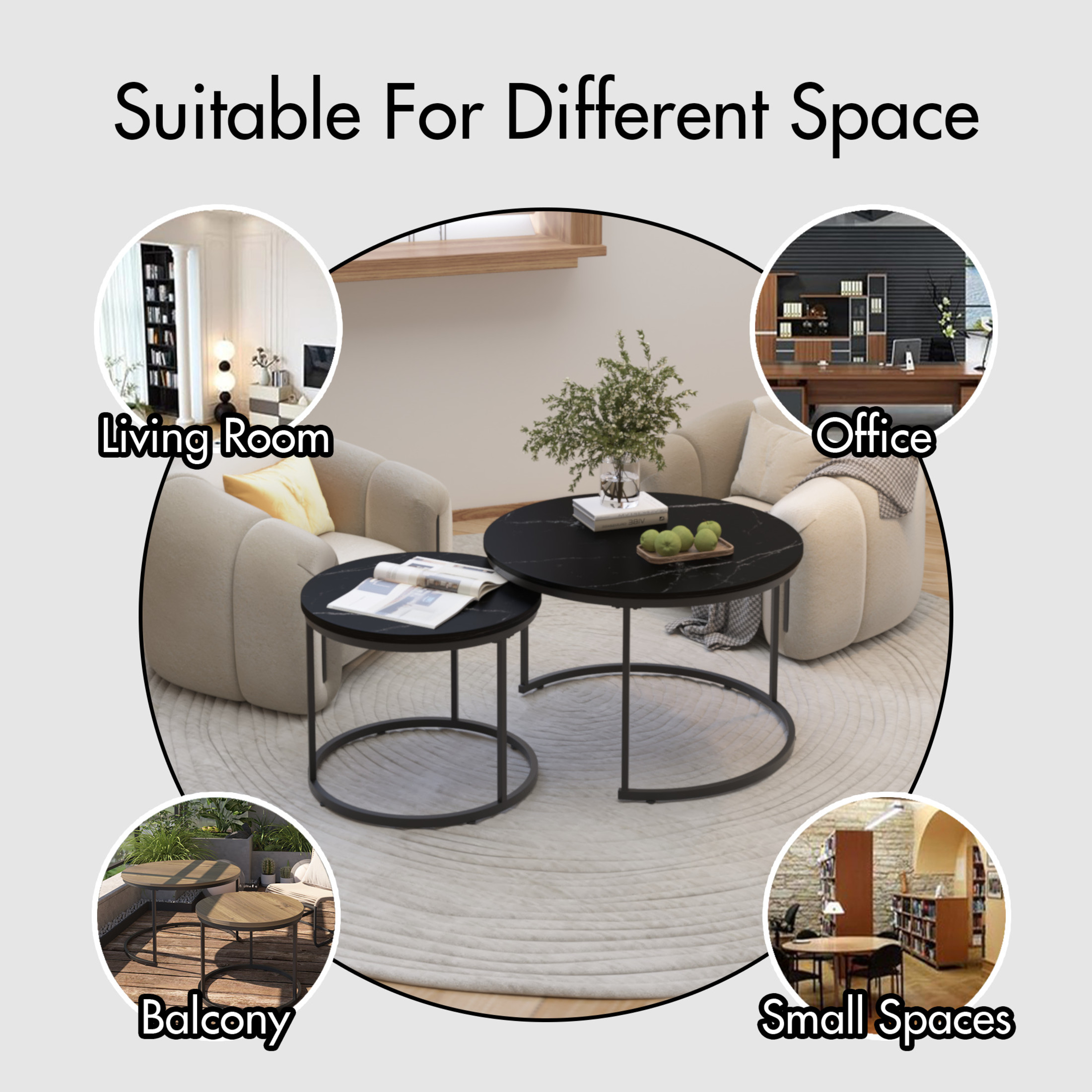 Noble House Lazura 27.6" Marble Look Nesting Coffee Table Set, Round MDF Top with Metal Base, Black, Set of 2