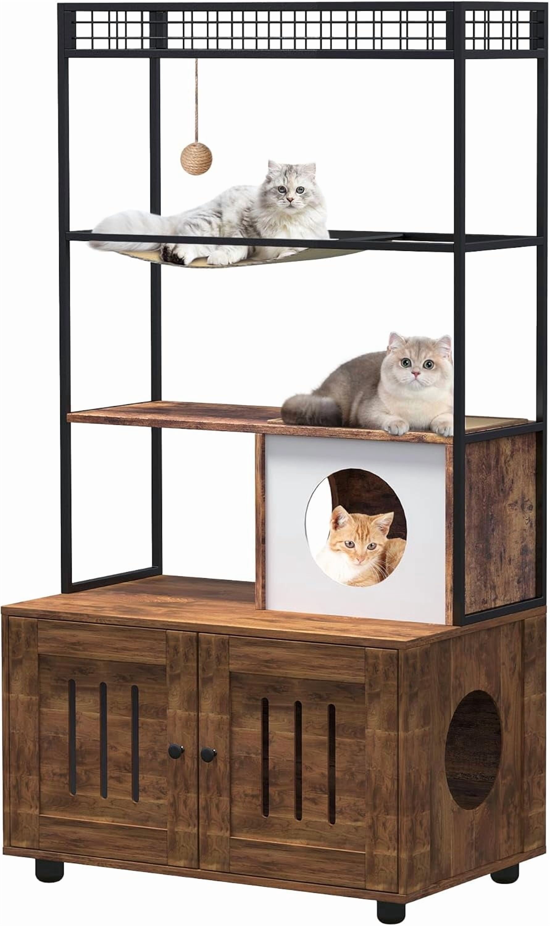 Acekid 60 Inch 2-in-1 Cat Tower Cabinet&nbsp;- Hidden Litter Box Enclosure with Metal Frame & Wood Condo, Includes Hammock & Scratching Mat, Dog-Proof Design (Retro)