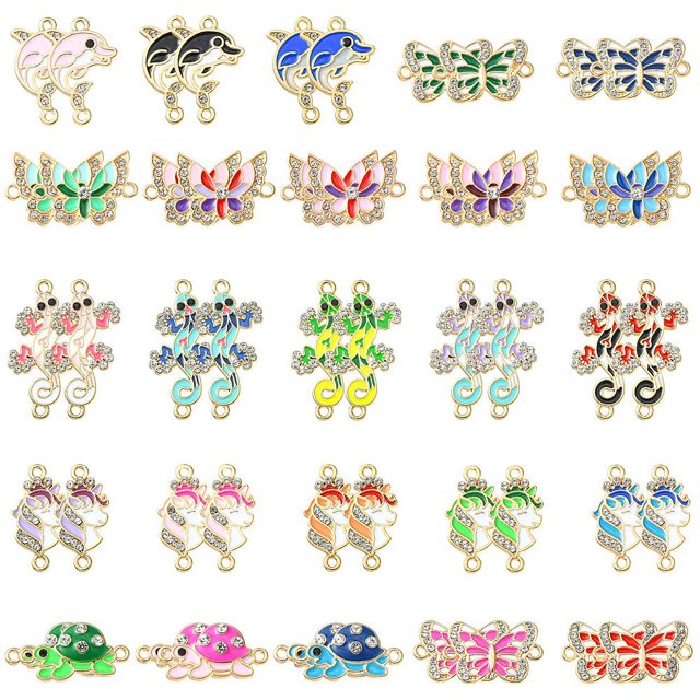 1Box 50Pcs 25 Styles Alloy Enamel Connector Charms with Crystal Rhinestone Light Gold Cadmium Free & Nickel Free & Lead Free Animal Mixed Shapes Mixed Color