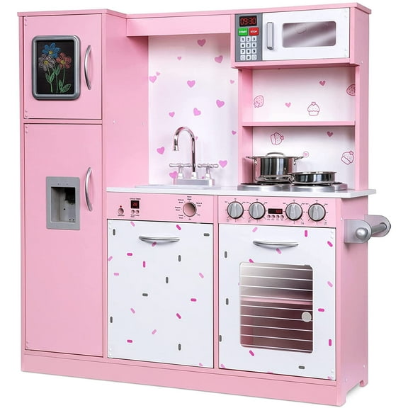 Lil' Jumbl Kids Wooden Pretend Play Kitchen Set with Sounds & Accessories, Pink Sprinkles