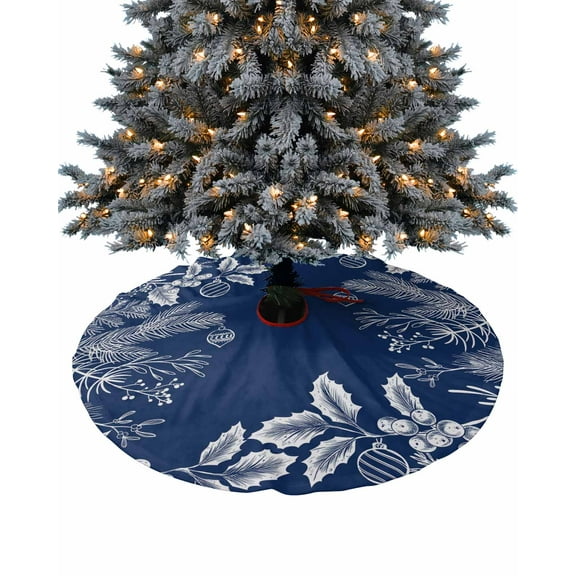 Navy Blue Christmas Christmas Tree Skirt 36 Inches Large Christmas Skirt Tree, White Xmas Pine Needle Botanical Tree Skirt Christmas Decorations for Fireplace Party Holidays Indoor Outdoor