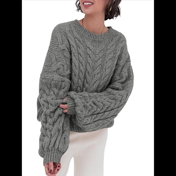 Suéteres de Mujer de Otoño, de Punto , de Larga, Cuello Redondo, Suéteres Holgados y Gruesos. Gris S