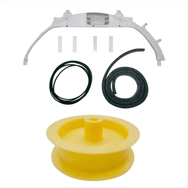 we49x20697 kit de cojinetes para secadora we3m26 cojinete superior we9m30 fieltro de tambor we12m29 correa we1m1067 deslizador de cojinete we12x83 kit de reparación para secadora, vista frontal con armazón plástico curvo multicolor arriba, cuatro espaciadores metálicos, dos sellos negros enrollados y una polea amarilla de plástico en primer plano sobre fondo blanco; piezas mostradas para reemplazo en secadoras de carga frontal.