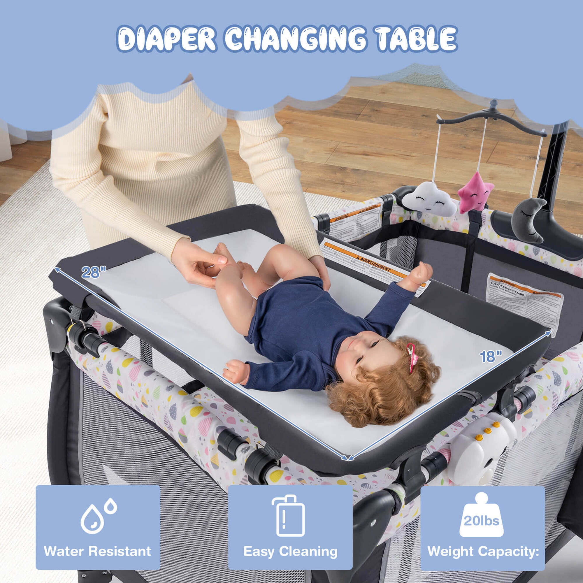 Costway Portable Baby Playard Nursery Center Crib Bassinet with Hanging Toys & Music Box Colorful