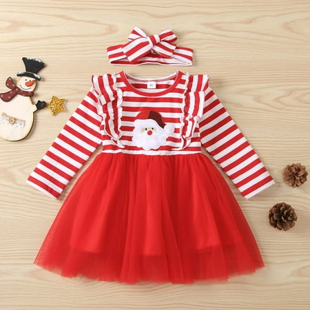 

KONBECA Toddler Girl Outfits Princess Dresses Baby Girls Christmas Striped Embroidered Santa Long-sleeved Mesh Headband Casual Dress Cotton Dresses Red (3-4 Years)
