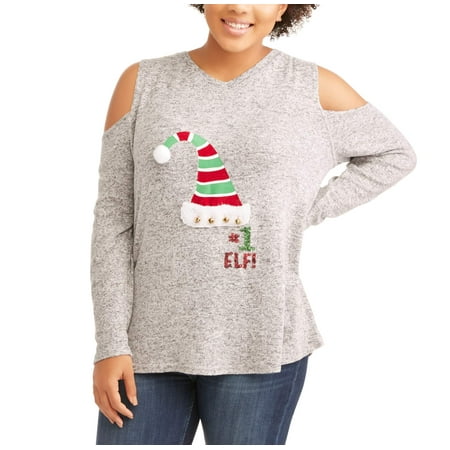 Juniors' Plus Cold Shoulder Long Sleeve #1 Elf Hat Top