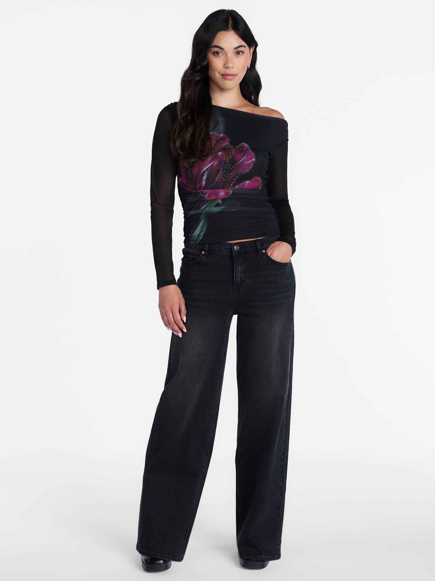 Madden NYC Women’s Asymmetrical Mesh Top with Long Sleeves, Sizes XXS-XXL