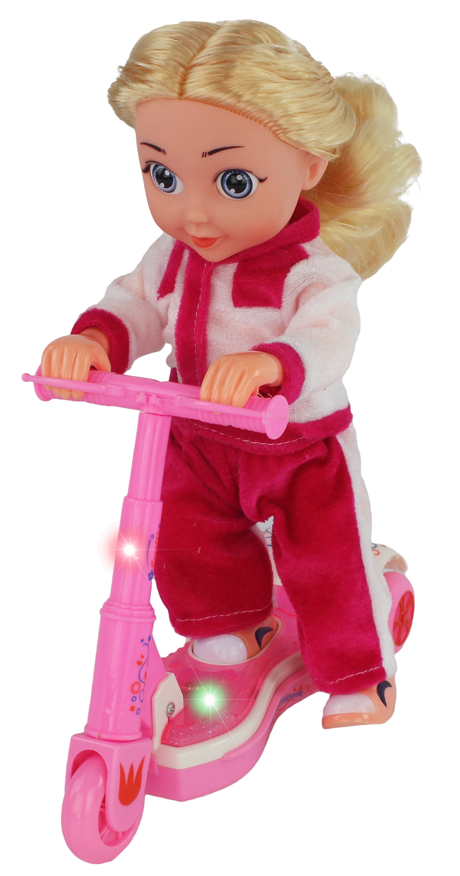 11" Tall Scooter Riding Battery Operated Girl Doll On A Track Suit