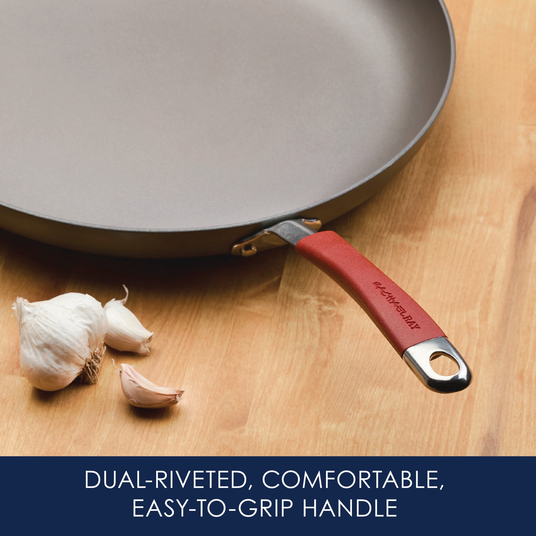 Rachael Ray Cucina Hard Anodized Nonstick Frying Pan with Helper Handle, 14-Inch, Gray/Cranberry Red