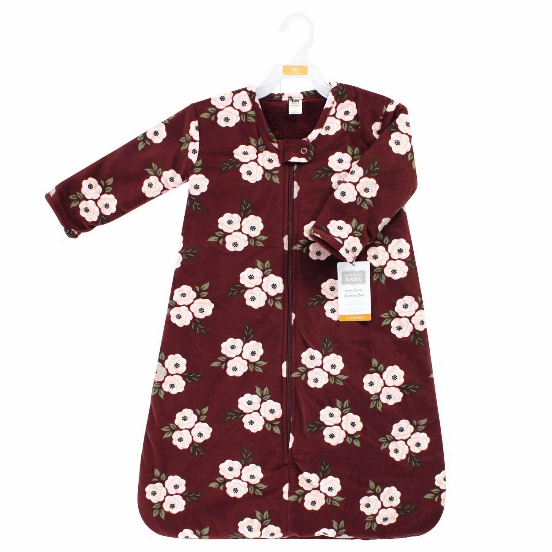 Hudson Baby Infant Girl Long Sleeve Plush Faux Fur Sleeping Bag, Wearable Blanket, Burgundy Floral, 12-18 Months