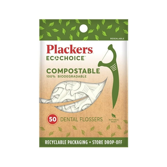 Plackers EcoChoice Compostable Dental Flossers, Sustainably Sourced, BPA Free, Recyclable Packaging, Natural Mint Flavor, 50 Count