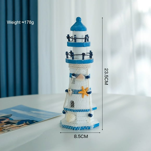 JINGT 1pcs Sea Ornamental Lighthouse Blue And White Wooden Decorative Ornament Decorative Creative Christmas Gifts Home Decoration 23 centimeters