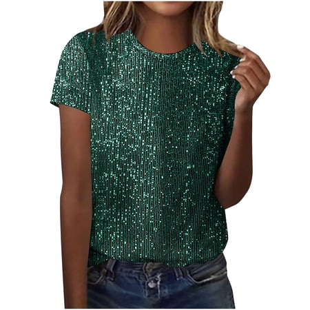 BXINGOHAI Long Sleeve Shirts for Women Spring Fall Sparkly Sequin Printed Round Neck Pullover Casual Army Green 2XL