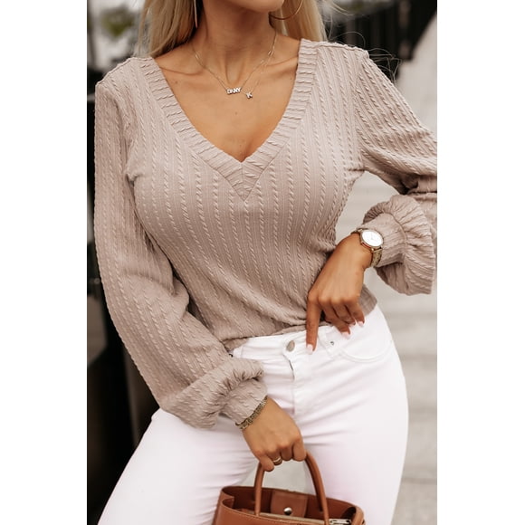 a.Jesdani Chic Haut en Tricot Col en V avec Manches Lanterne - Essentiel Élégant!