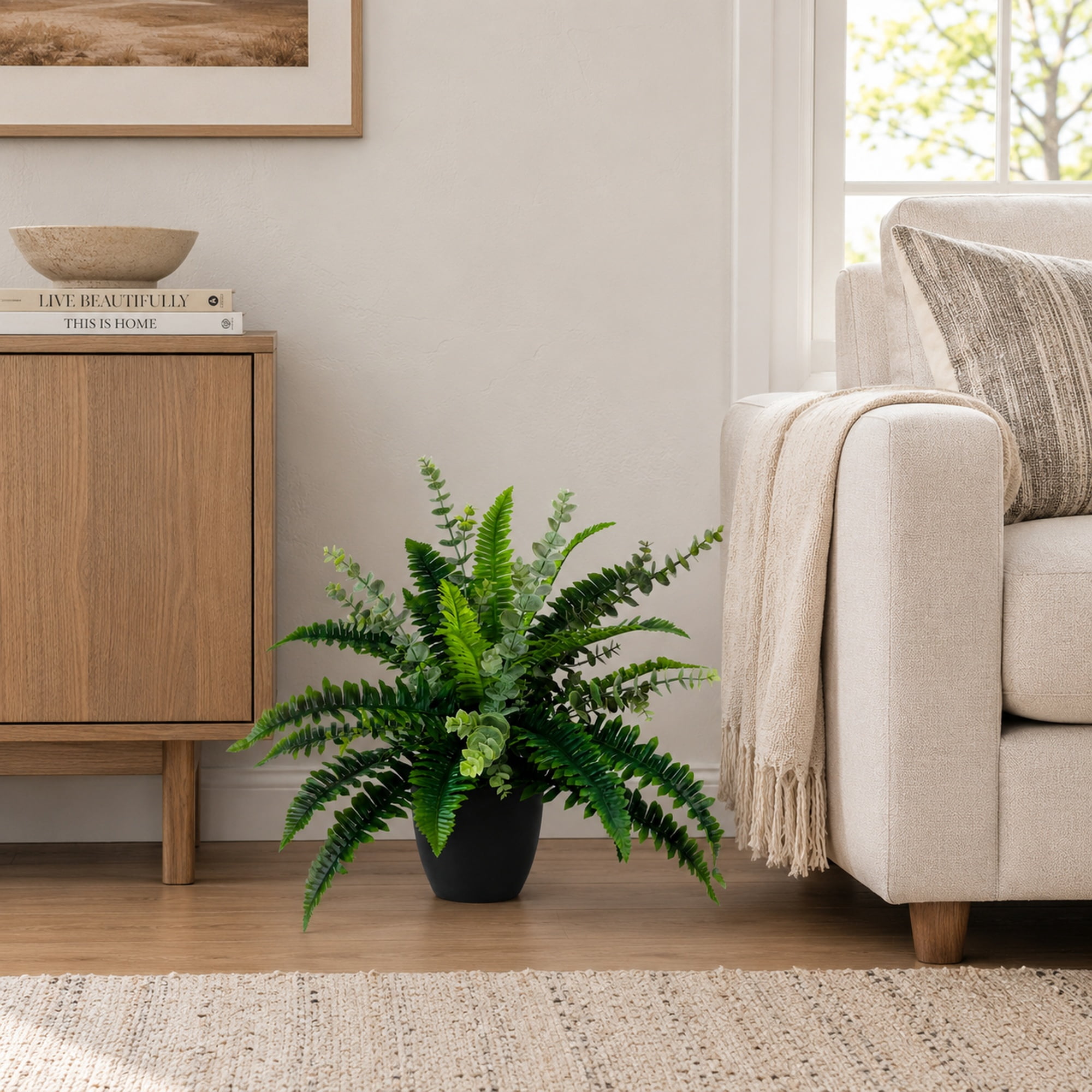 Artificial Plants, 26in Fake Potted Fern and Eucalyptus Mix in Black Drop In Pot by LCG Florals, Indoor Faux Greenery Small Plant for Home Office Bathroon Living Room Tabletop Decor