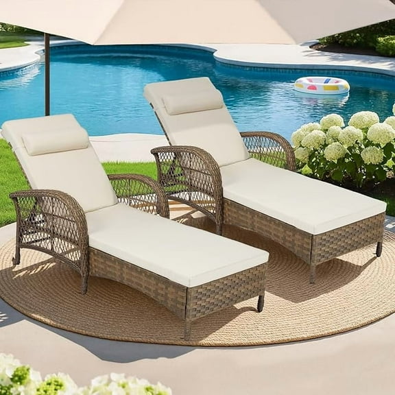 MEETWARM Outdoor Wicker Chaise Lounge Chair Set of 2, All-Weather PE Rattan Cushioned Patio Lounger Chairs, 6-Position Adjustable Outside Pool Sunbathing Recliner with Armrest & Pillow, Beige