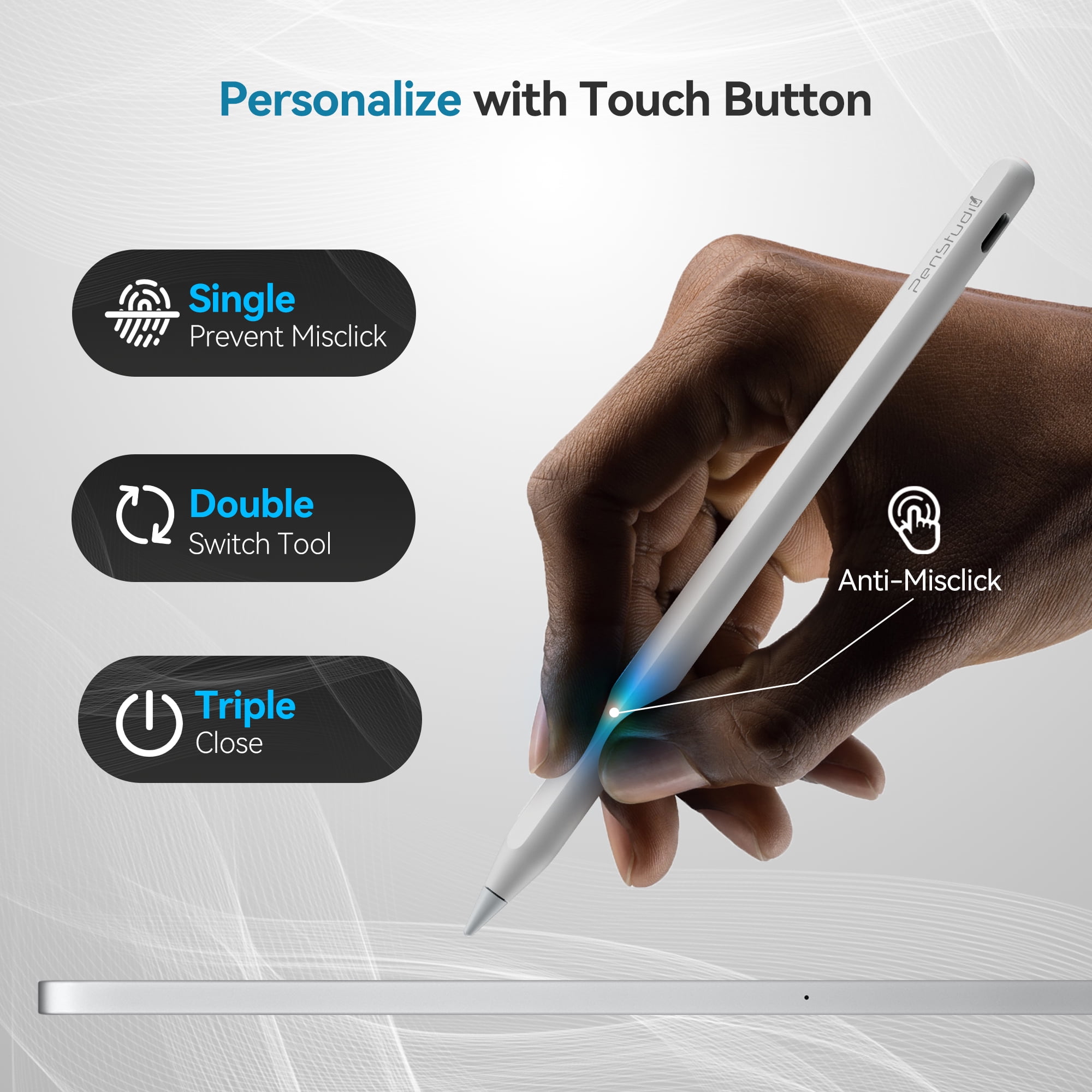 PS1-Pro2 Stylus Pen for iPad 2018–2025｜Anti-Misclick Touch Button & Bluetooth｜USB-C Fast Charge & Metal Tip｜for iPad Pro, Air, Mini, iPad 10th | Customizable Shortcuts