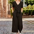 thumbnail image 2 of Bigersell Women's Bell Buttom Jumpsuits Jumpsuit Women Solid Pocket Romper Short Sleeve V-neck Belt Loose Overalls Jumpsuit Oversized Jumpsuits for Ladies, 2 of 8