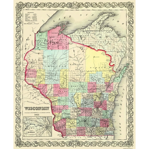 Historic State Map - Wisconsin - Colton 1855 - 23 x 28.06 - Vintage Wall Art