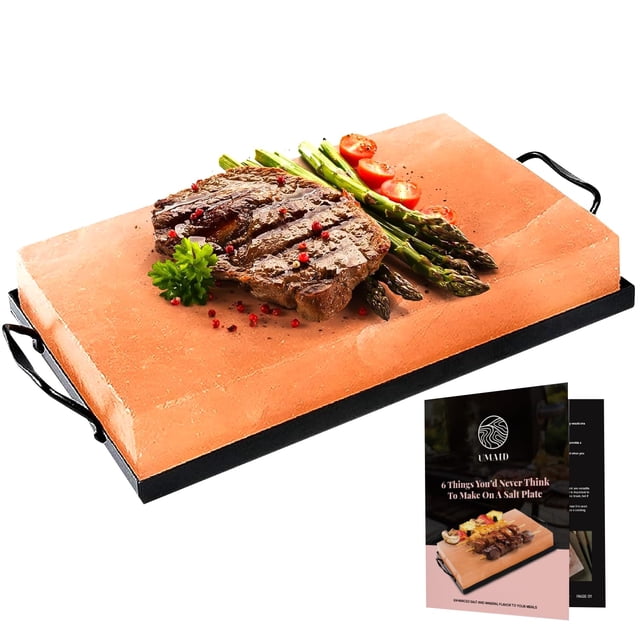 Plato de cocina UMAID en bloque de sal del Himalaya de 30 x 20 x 4 cm con bandeja