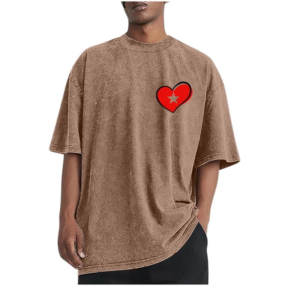 Dagegui Oversized Heart Graphic T-Shirt for Men Cotton Crewneck Short Sleeve Shirts Vintage Washed Tee Streetwear Casual Loose Fit Summer Tops Coffee S